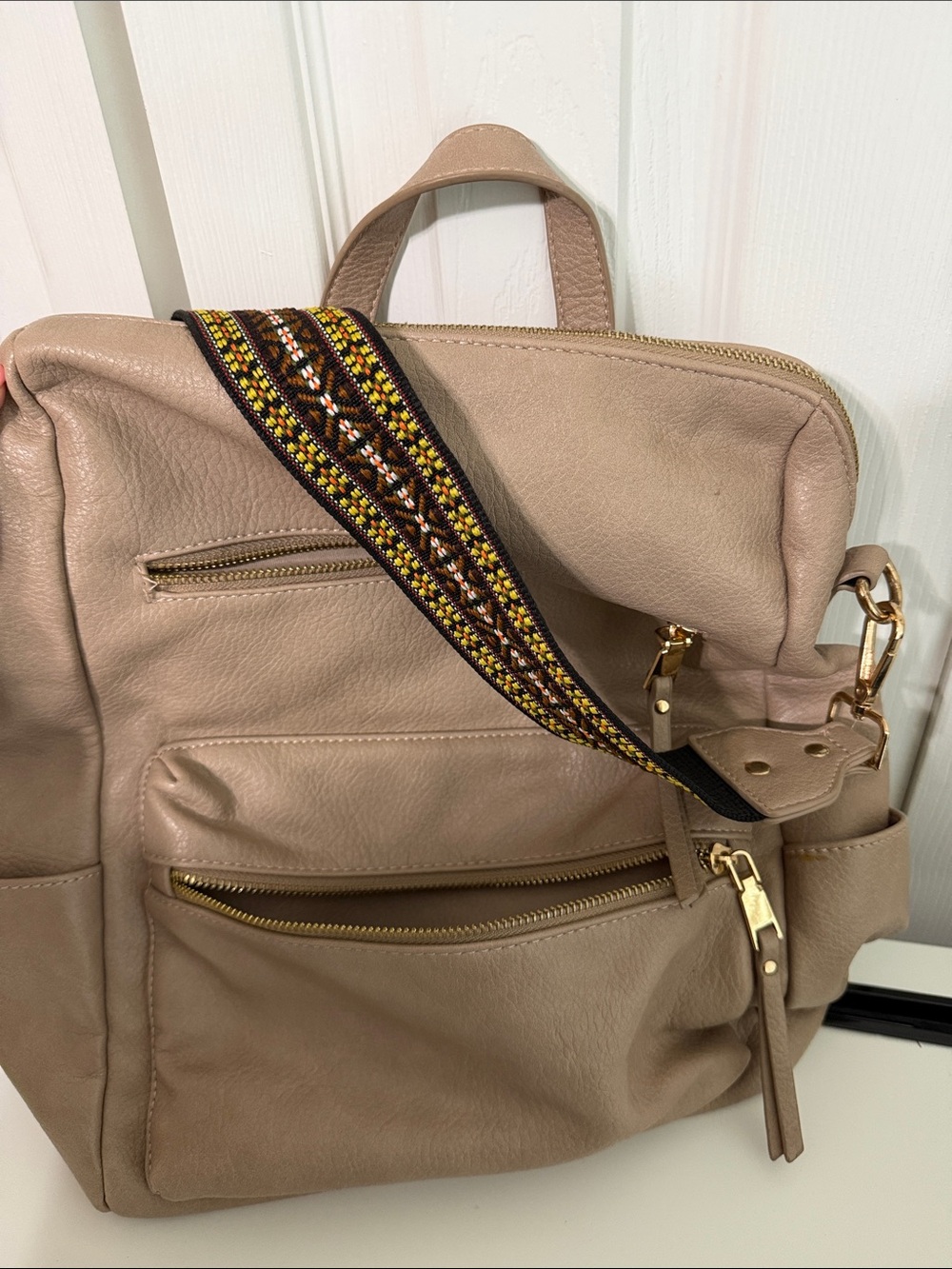MMS Design Studio Taupe Leather Backpack with Embroidered Strap